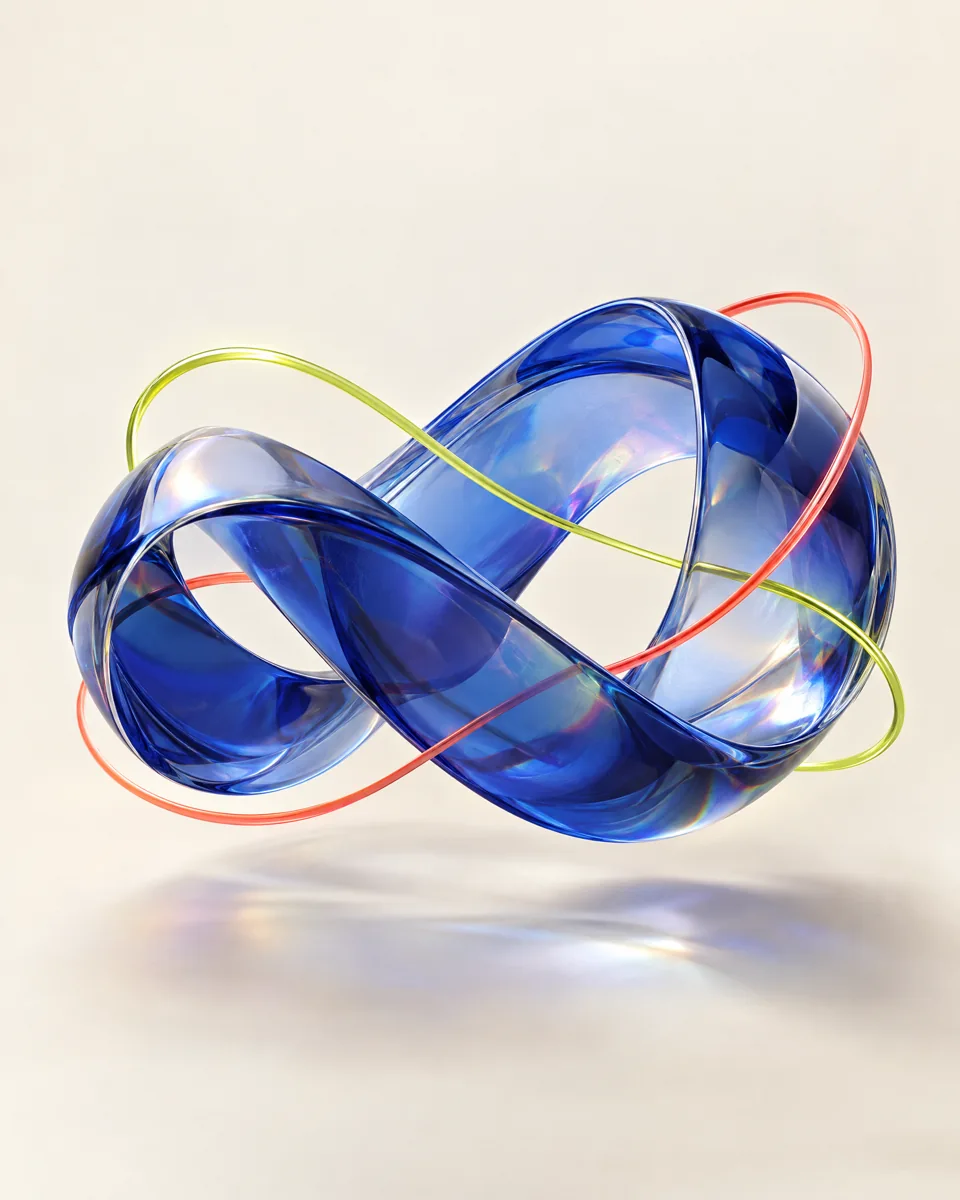 Sculptural, iridescent ribbon form against warm ivory